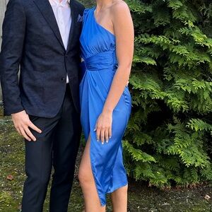 Hello Molly Vibrant Blue One-Shoulder Midi Dress